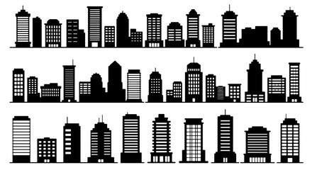 Obraz premium Modern Cityscape Silhouettes, 30 Diverse Building Icons, Urban Skyline Vector Collection for Architectural Design and Business Concepts