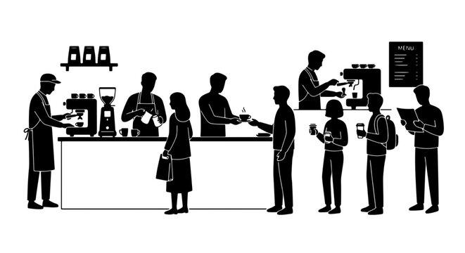 Coffee Shop Queue, Barista Service, Customers Waiting for Drinks, Silhouette Vector Illustration