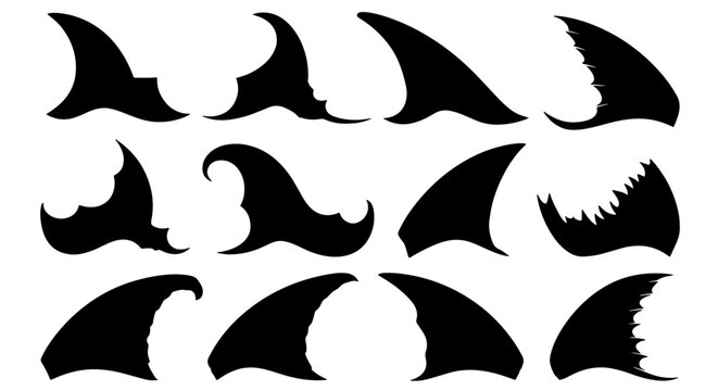 Diverse Shark Fin Silhouettes Collection, Marine Predator Icons, Aquatic Wildlife Vector Graphics, Ocean Danger Symbols
