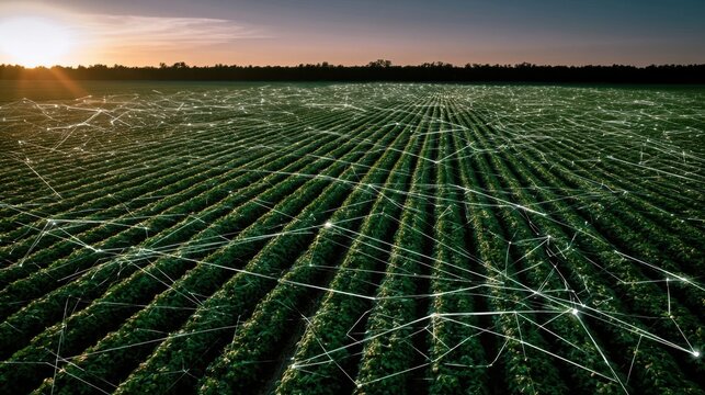 Technologically advanced farm field at sunset with digital network overlay