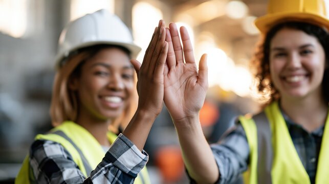 Two smiling women construction workers in hard hats and safety vests giving a high five celebrating success and teamwork