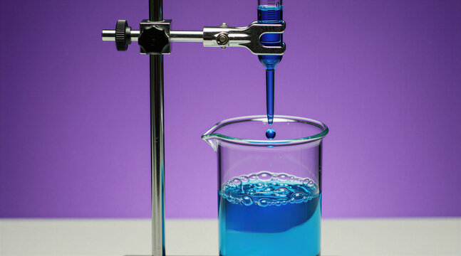Glass burette drips blue liquid into transparent beaker in lab. Scientific titration process uses chemical solution on purple background. Academic research experiment setup measures precise volume
