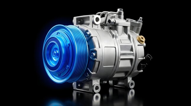 Car air conditioning compressor with blue glowing clutch, automotive part.
