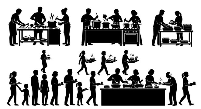 Buffet Line Silhouettes, Catering Service Vector Icons, Food Service People Serving Meals, Restaurant Crowd Gathering, Event Dining Collection
