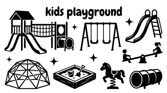 children playground equipment featuring swings slides seesaws climbing frames sandbox spring riders tunnels and outdoor play structures vector set for parks recreation education and childcare
