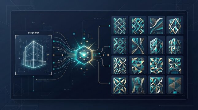 AI generates designs for building facades showcasing different patterns and structures in a digital architecture interface.