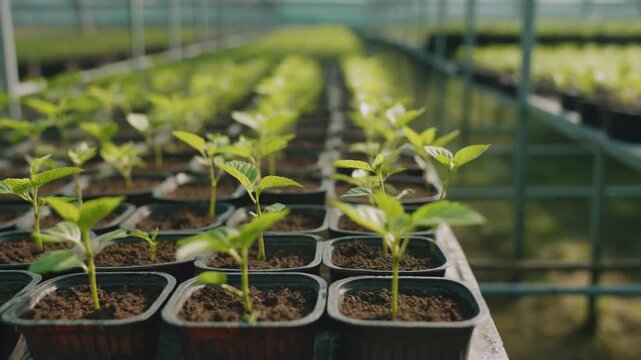 Neat rows of young tree seedlings growing in nursery containers, inside an open-air forestry nursery. Clean 5-second cinematic 4K clip for reforestation and sustainability content.

