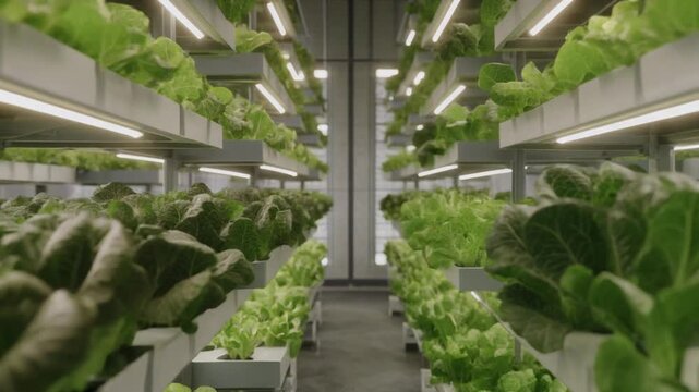 Rows of leafy greens growing on vertical farming racks, inside a climate-controlled indoor greenhouse. Clean 5-second cinematic 4K clip for sustainable agriculture and sustainability content.
