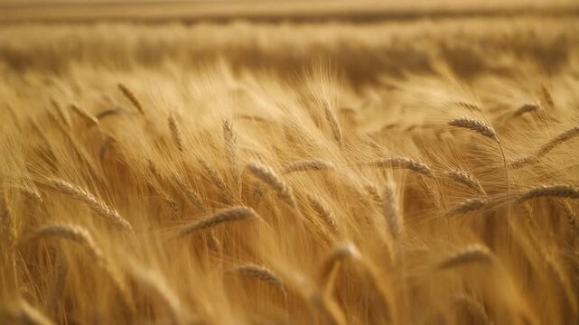 A golden wheat field rippling under a passing breeze, on an organic farm bordered by open sky. Clean 5-second cinematic 4K clip for sustainable agriculture and sustainability content.
