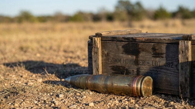 Military howitzer shell beside a rustic wooden crate