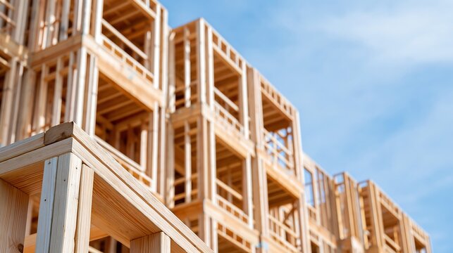 Residential wood framing construction of multi story building against a clear blue sky