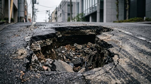 劣化により道路が大きく陥没した、アスファルト舗装のクローズアップポートレート
