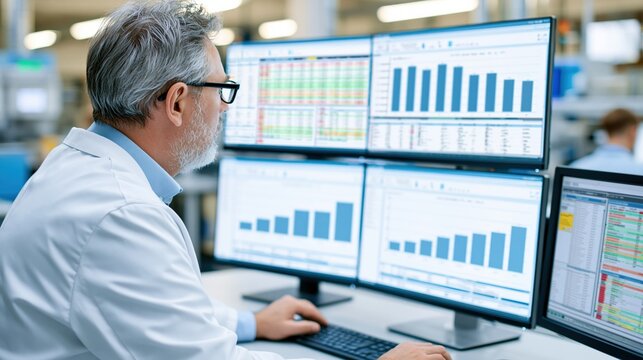 Experienced Scientist Analyzing Complex Data and Financial Charts on Multiple Computer Monitors in a Laboratory Setting