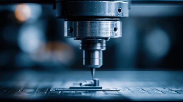 Close-up of precision CNC machine tool head with cutting bit creating intricate detail on metal workpiece