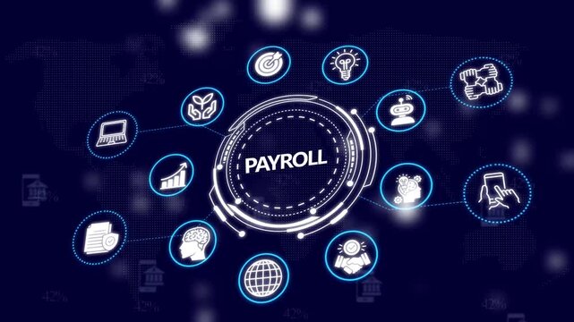 Payroll management system digital interface with business and global network animation