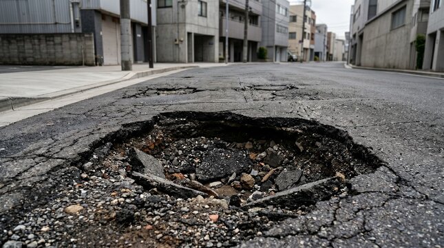 劣化により道路が大きく陥没した、アスファルト舗装のクローズアップポートレート