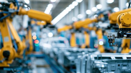 Fototapeta premium Automated Robotic Arms on an Assembly Line in a Modern Factory Environment