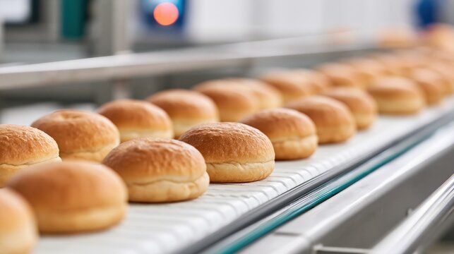 Freshly Baked Buns Moving on an Industrial Bakery Production Line Conveyor Belt