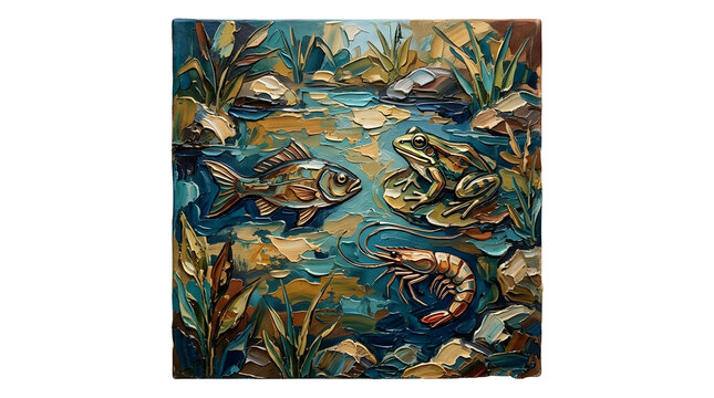 A composite clip art piece featuring a fish, a frog, and a shrimp, all contained within an abstract, textured pond scene, using the heavy palette knife work and canvas texture style of 