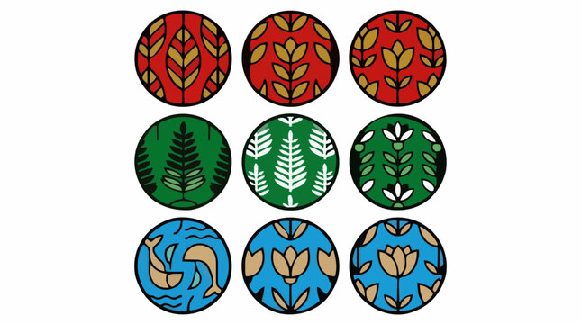 Vector Icon Sheet of Nine Abstract Botanical Repeat Patterns in Circular Frames, Featuring Leaves, Flowers, and Fish Motifs in Red, Green, and Blue Colors