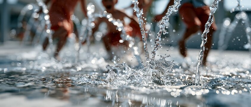 Splashing fountain water with children enjoying a splash pad in soft focus, representing urban heat relief and active summer holidays, suitable for climate and family lifestyle projects