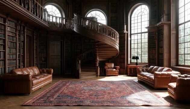 Grand library interior with spiral staircase and leather sofas in a dimly lit, book-lined hall