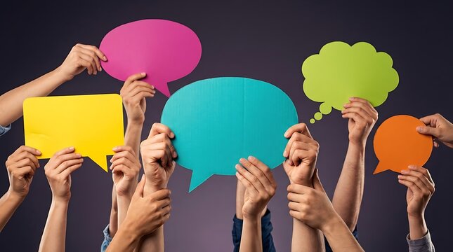 Many hands holding colorful speech bubbles against a dark background
