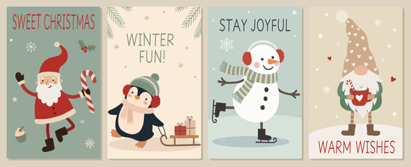 Fototapeta premium Christmas greeting card set with Santa, penguin, snowman, gnome, candy cane, cocoa, gifts, and warm winter holiday wishes