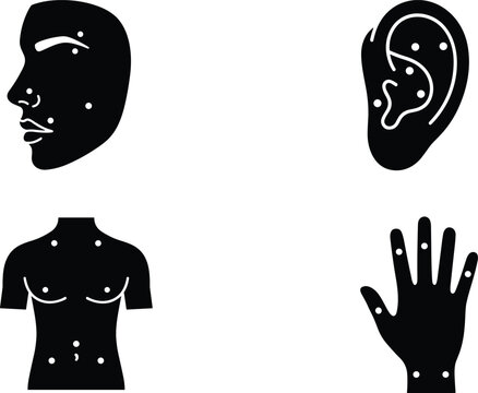 Acupuncture Points Icon Set with Face, Ear, Body, and Hand Silhouette Black Glyph Vector for Reflexology and Alternative Medicine Designs