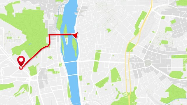 Prague, Czech Republic in Central Europe Animated City Map with Red GPS Route Crossing Vltava River, 4K