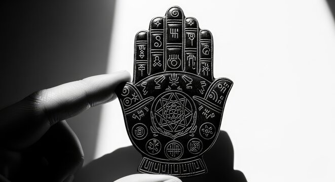 Black Hamsa hand amulet with intricate spiritual symbols.