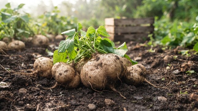 Freshly Harvested Jicama Roots on Rich Garden Soil