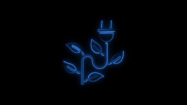 Eco-friendly energy concept: neon electric plug with growing leaves animation