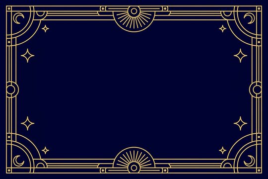 Art deco gold frame on dark blue background. Elegant celestial border with geometric lines.