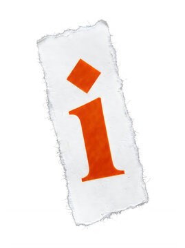 Colorful orange and white fabric patch with letter i and diamond shape on textured background transparent background