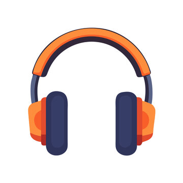 Flat style orange and blue headphones isolated on black background perfect for audio listening