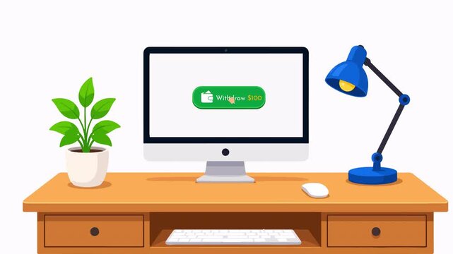 Online money withdrawal and transaction completed animation on computer desktop workspace, 2d flat vector concept. E-commerce cash out and digital banking concept with successful transaction message.