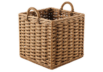 Obraz premium Woven square basket with two handles made of natural rope or straw, isolated on a transparent background, perfect for storage or home decor, rustic design.