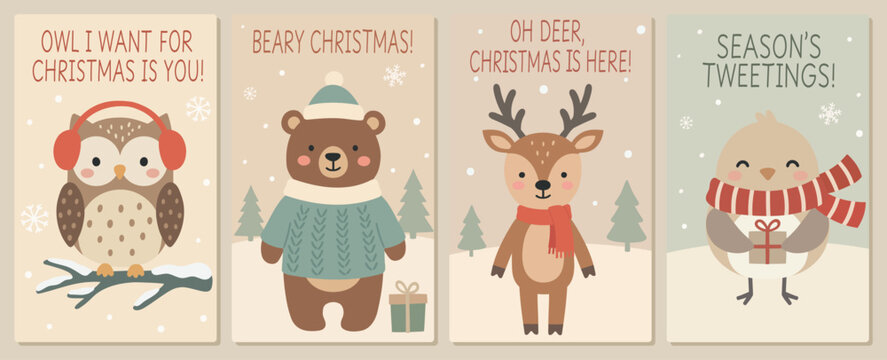 Christmas greeting card set with owl, bear, reindeer, bird, cute winter animals, holiday puns, snowflakes, and festive wishes