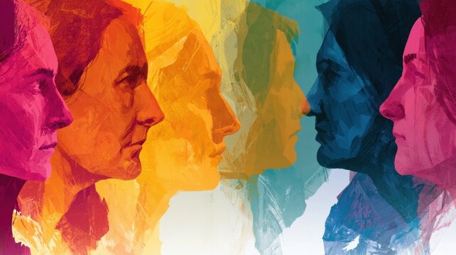 Multiple colorful painterly profiles of women in a row facing each other