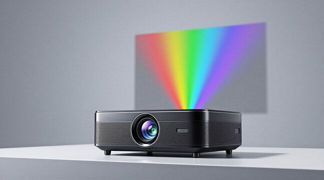 Compact black projector emits bright rainbow light onto screen. Modern device for home cinema entertainment or business presentations. Displays colorful images in dark room.
