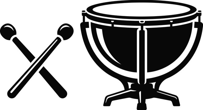 Timpani drum with crossed mallets isolated on a white background black silhouette