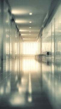 Modern interior corridor shown with reflective floors and soft lighting, evoking serenity. Use this for themes like waiting, anticipation, architecture, minimalist design, office space, and creating