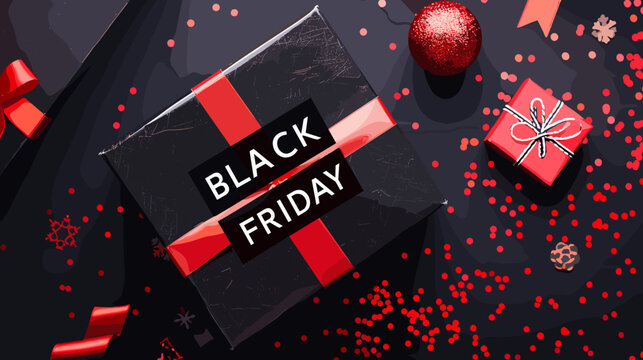 Bold Black Friday Sale Banner with Gift Box and Sparkles on Dark Background