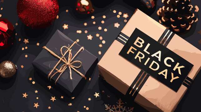 Shopping Sale Gift Box with Black Friday Bold Text on Dark Background Illustration