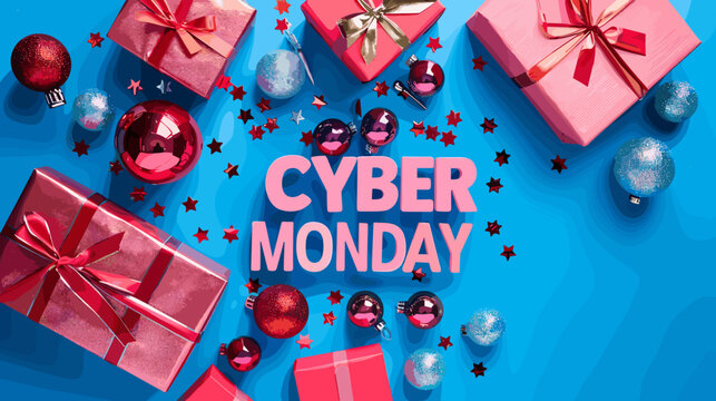 Shopping Sale Holiday Gifts with Cyber Monday Bold Text and Red Decorations Flat Illustration