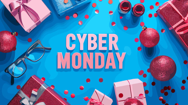 Shopping Sale Celebration with Cyber Monday Bold Text and Gift Boxes on Blue Background
