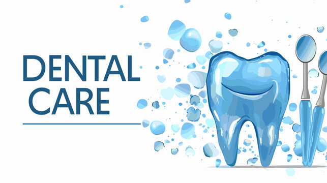 Dental Care Illustration with Tooth, Toothbrush, and Bold Text on Blue Background