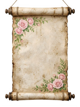 Old parchment scroll with roses and floral designs for decorative or artistic purposes transparent background