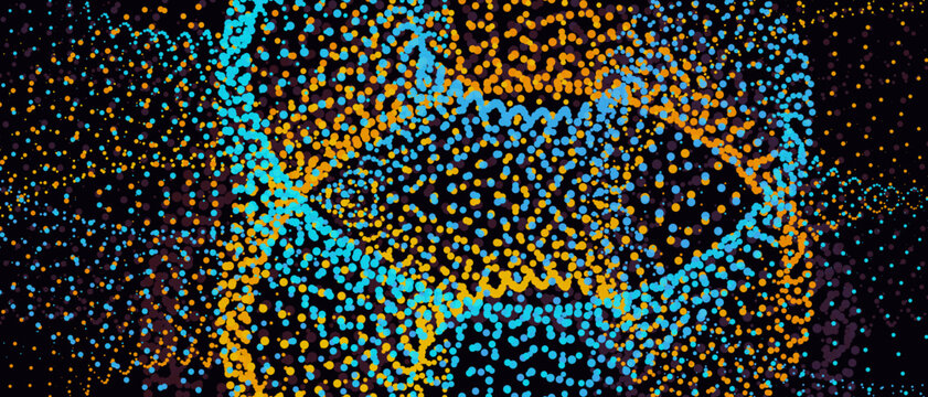 Vibrant halftone DNA slinky moire, abstract liquid torus tube. Dynamic dotted double helix background. Vector graphic overlay template.